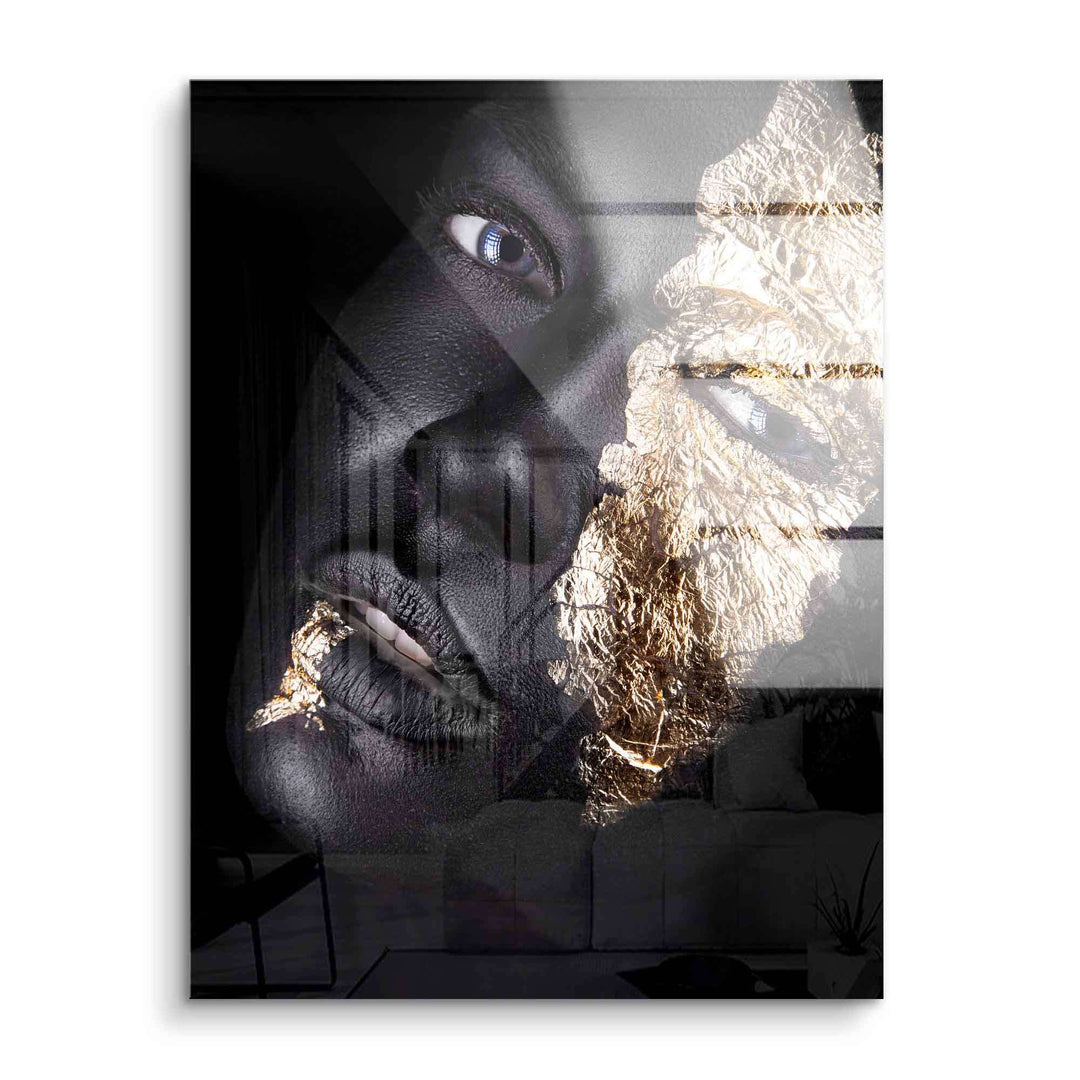 Modernes Wandbild mit schwarzem Gesicht, goldener Blattgold-Akzent, abstrakte Kunst auf Acryl