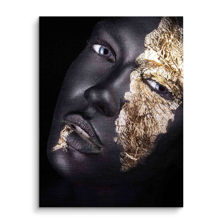 Modernes Wandbild mit schwarzem Gesicht und Blattgold Effekt, Kunst auf dunklem Hintergrund