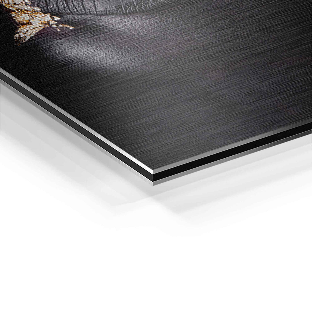Detailansicht Wandbild auf gebürstetem Aluminium, Gesicht mit Blattgold-Elementen