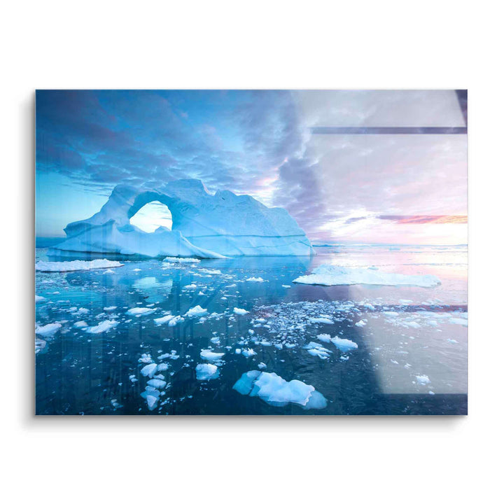 Blauer Eisberg mit Loch im Sonnenuntergang, Wandbild Acryl, Natur Landschaft