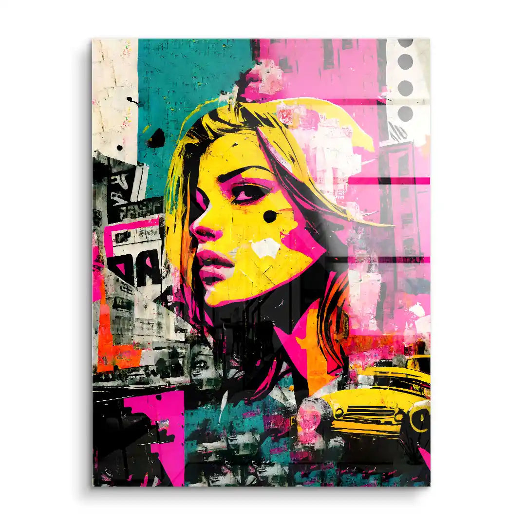 Modernes Wandbild mit blondem Frauenporträt im Pop-Art Stil, bunte Acrylfarben, urbanes Motiv