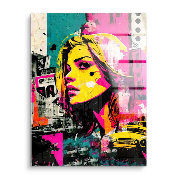 Modernes Wandbild mit blondem Frauenporträt im Pop-Art Stil, bunte Acrylfarben, urbanes Motiv