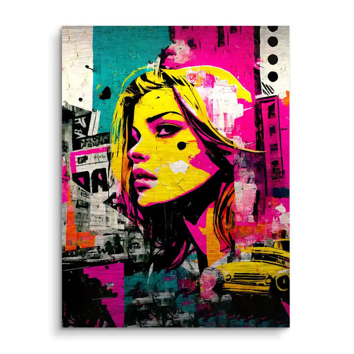 Modernes Wandbild im Pop Art Stil mit buntem Porträt einer blonden Frau und City-Elementen
