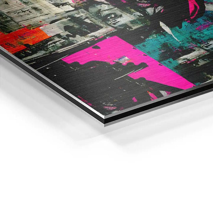 Detailaufnahme modernes Wandbild mit Pop Art Motiv, bunte Farben auf Aluplatte