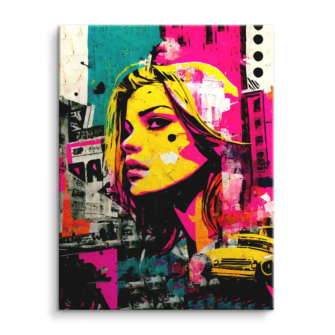 Modernes Pop Art Wandbild mit Frau, bunten Farben und Stadthintergrund