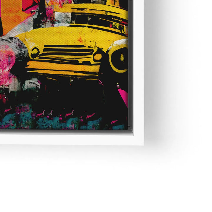 Modernes Wandbild mit gelbem Auto im Pop Art Stil, bunte Graffiti-Elemente, gerahmt