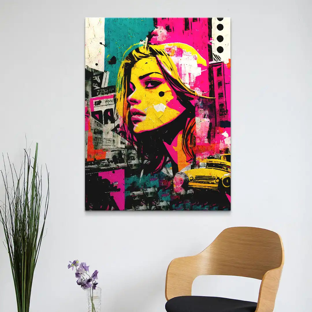 Modernes Pop Art Wandbild mit Porträt einer blonden Frau und buntem Collagenstil
