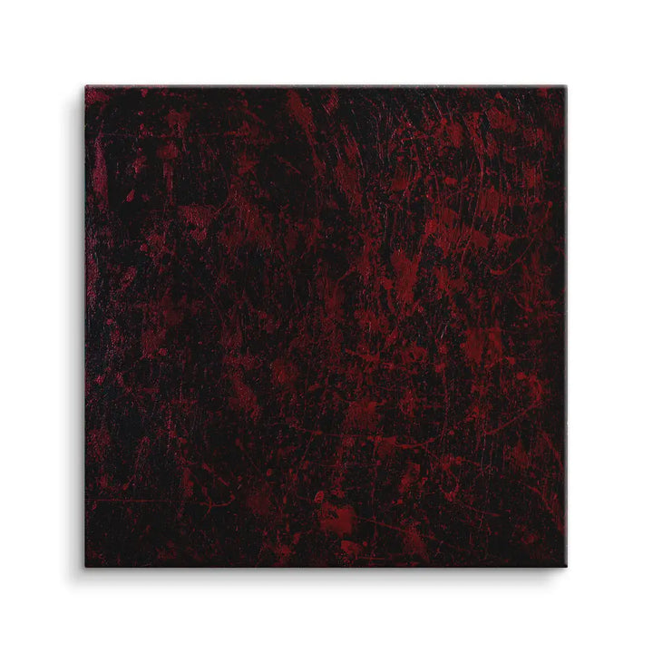 Abstraktes Wandbild auf Leinwand mit dunklen roten und schwarzen Farbakzenten