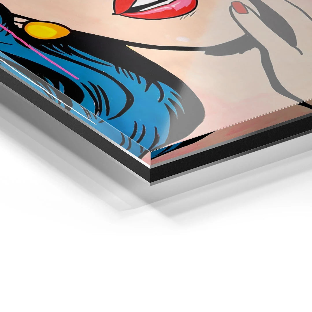 Detailaufnahme Acrylglas-Wandbild Pop Art Frau mit blauen Haaren und roten Lippen