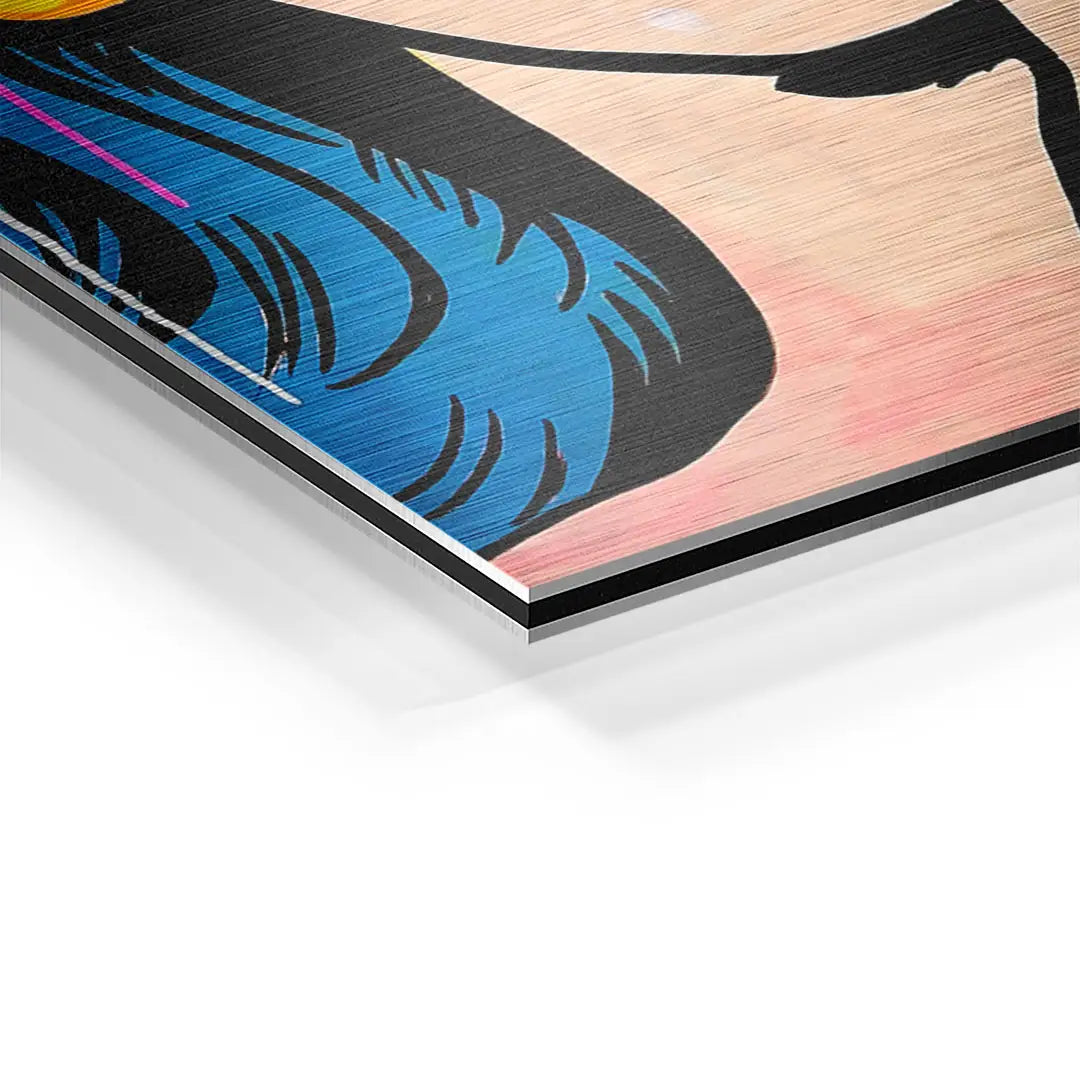 Detailaufnahme eines Wandbilds mit blauen Haaren, Pop Art, auf Aluminium gedruckt