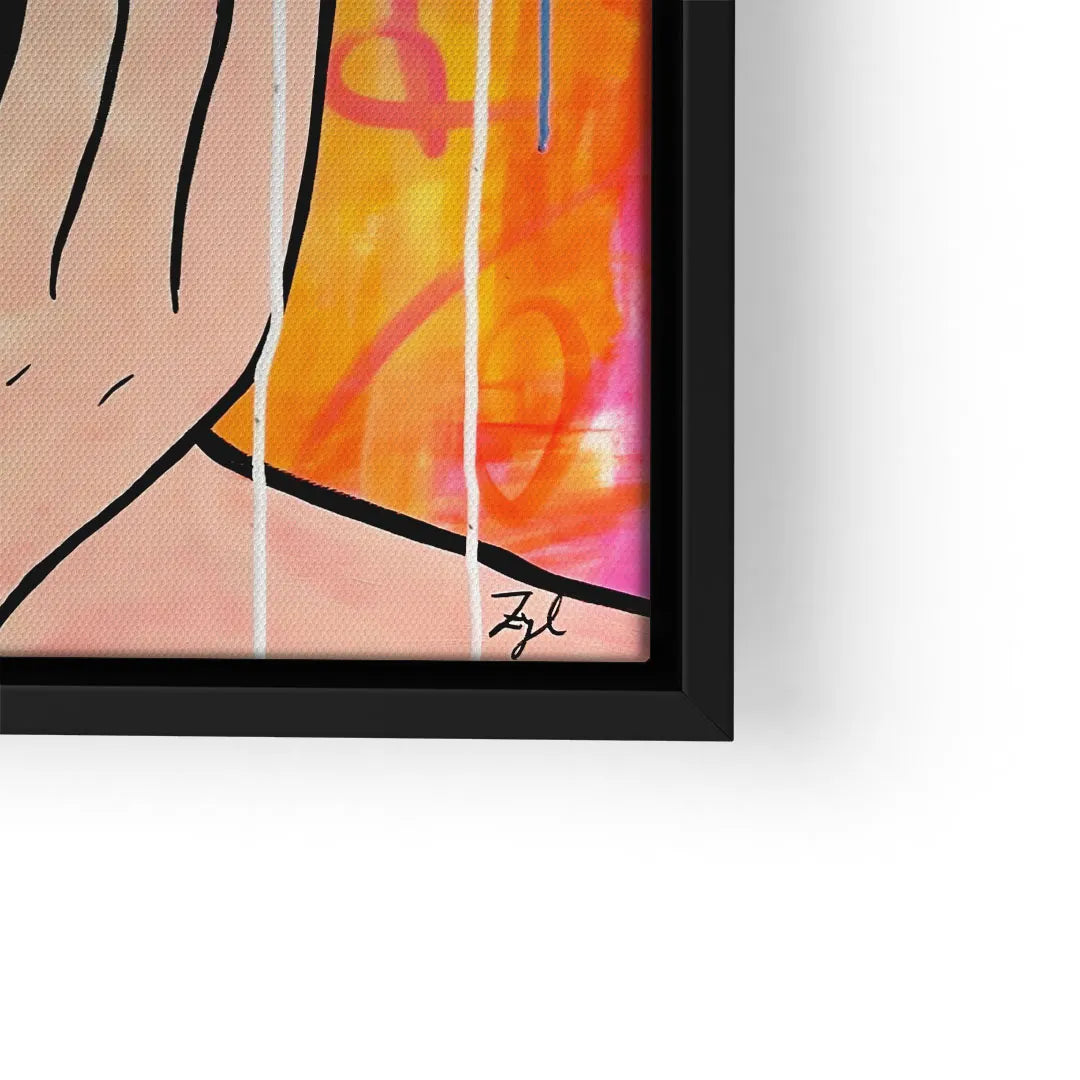 Detail eines modernen Wandbilds mit abstrakten Linien und buntem Hintergrund in Orange und Pink
