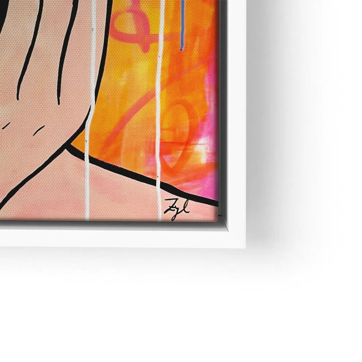 Modernes Wandbild in Pop Art Stil, bunte abstrakte Linien auf orange-pinkem Hintergrund.