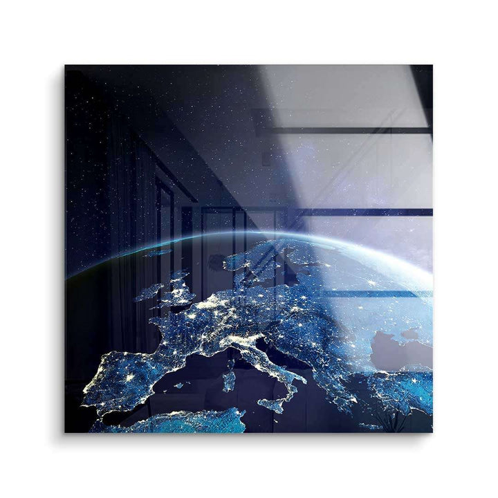 Modernes Wandbild Europa bei Nacht aus dem Weltall auf Acrylglas, Weltkarte Kunst