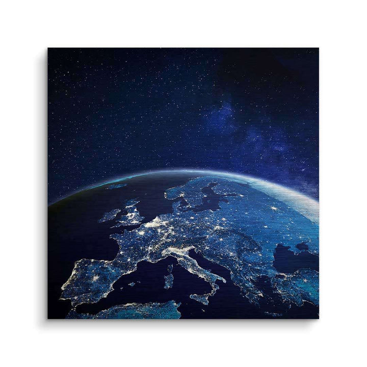 Wandbild Erde aus dem Weltall, Europa bei Nacht, moderne Kunst, blaue Farbtöne, Sternenhimmel