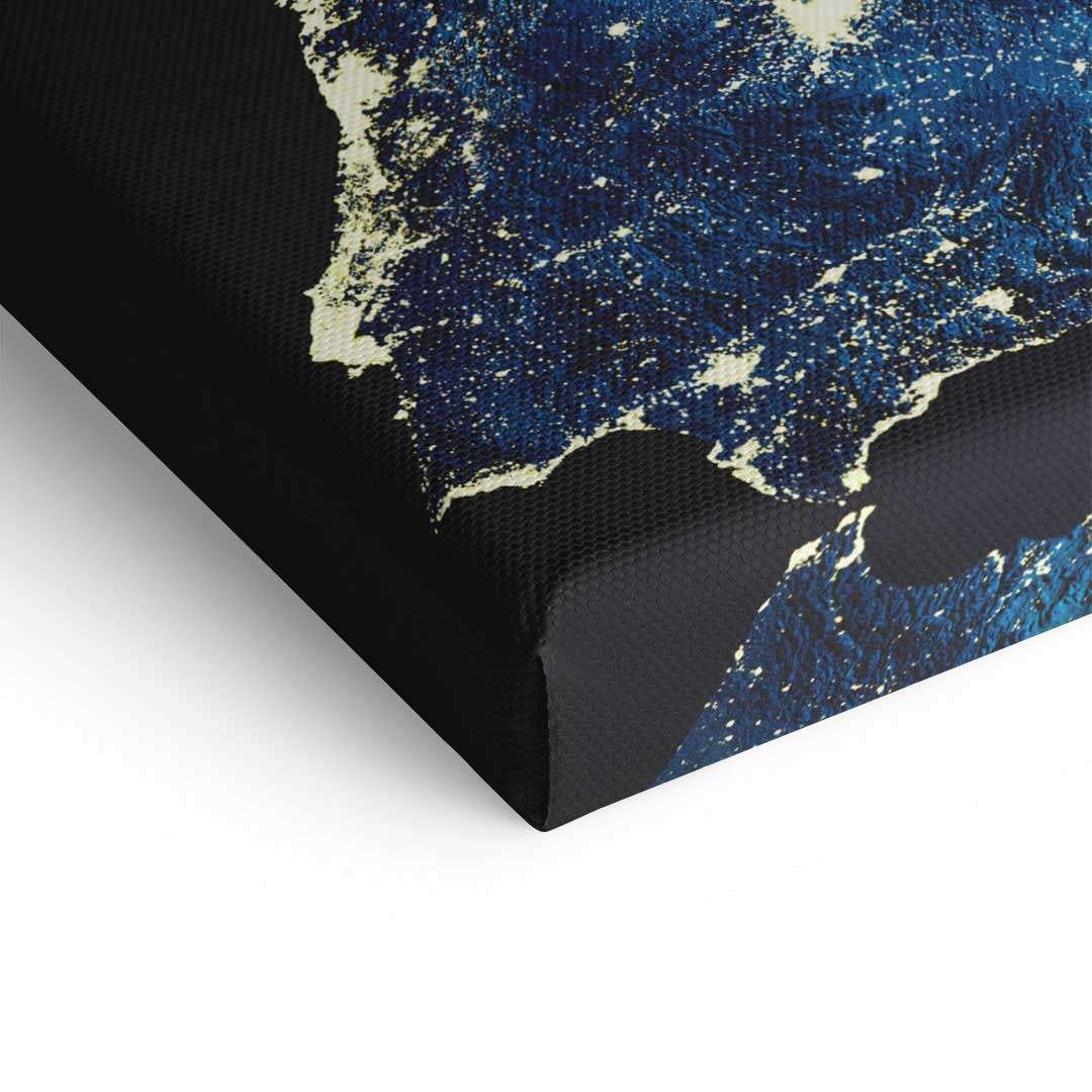 Detailansicht eines blauen Weltkarten-Wandbilds auf Leinwand, moderne Kunst