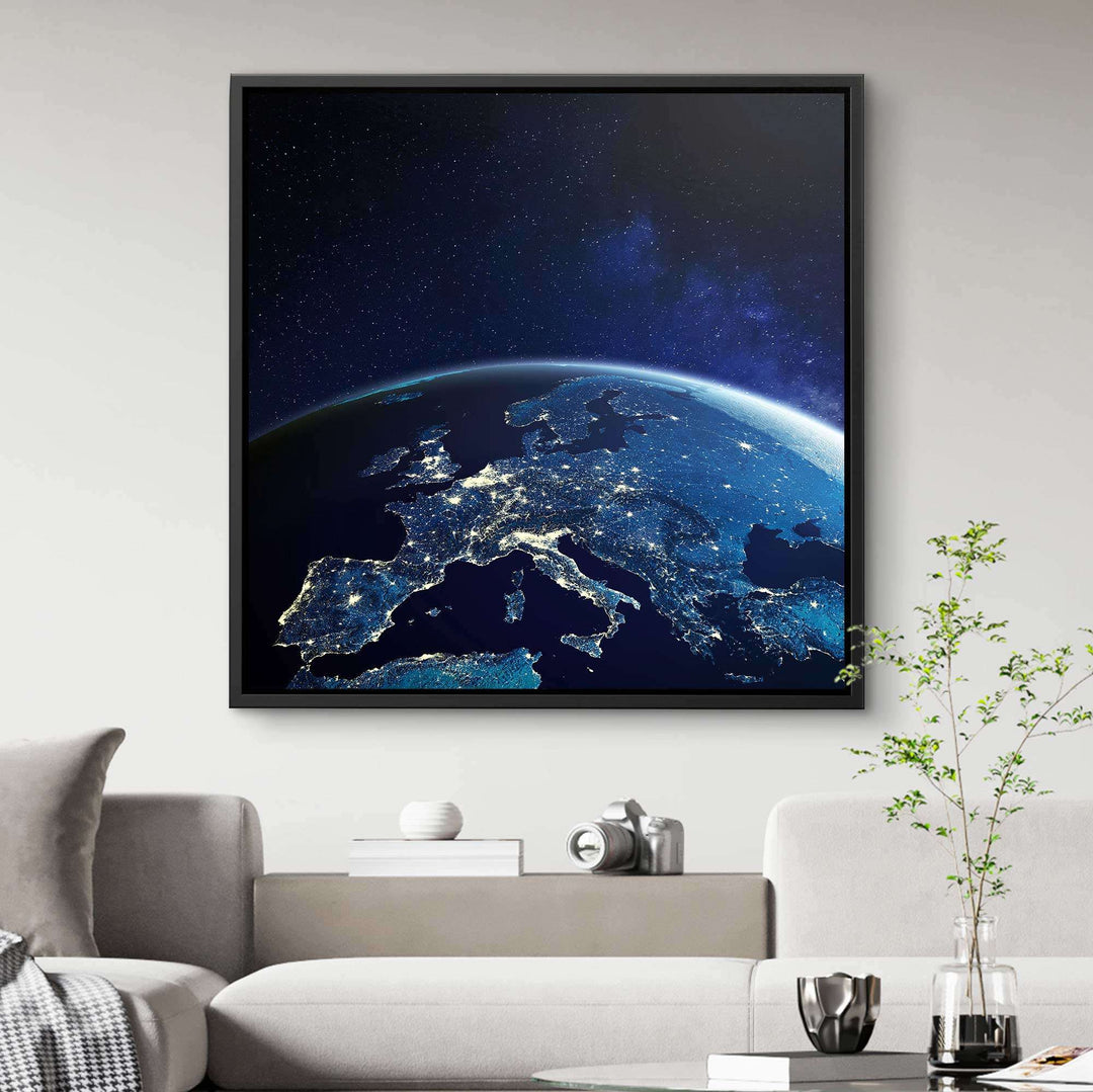 Modernes Wandbild mit Weltkarte Europa in Blau, Wohnzimmer Dekoration, Kunstbild Nachtansicht