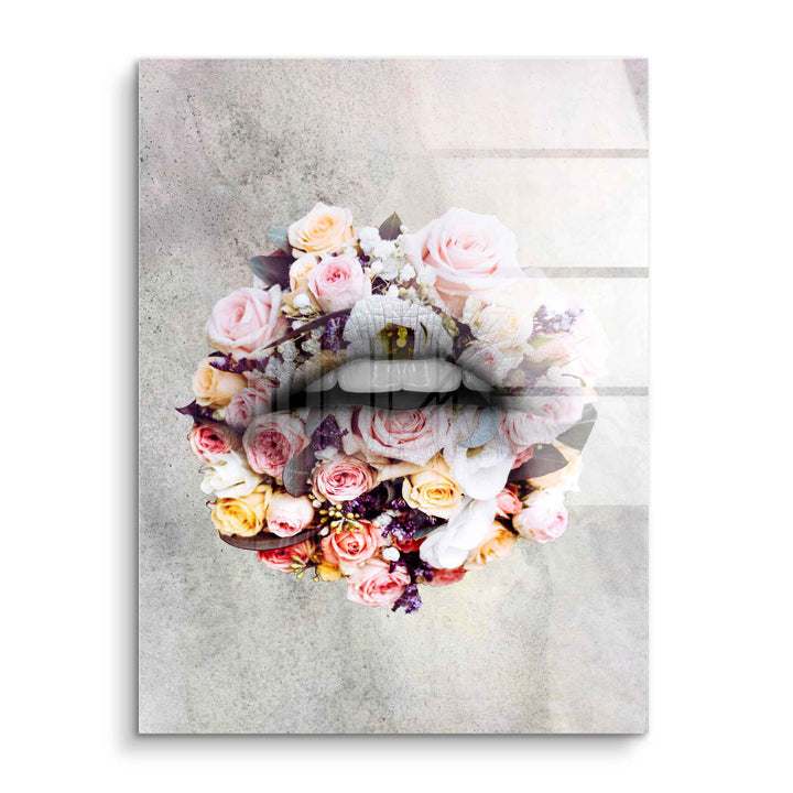 Modernes Wandbild mit floralen Rosen und Lippen auf Acrylglas, Kunst für Wohnzimmer