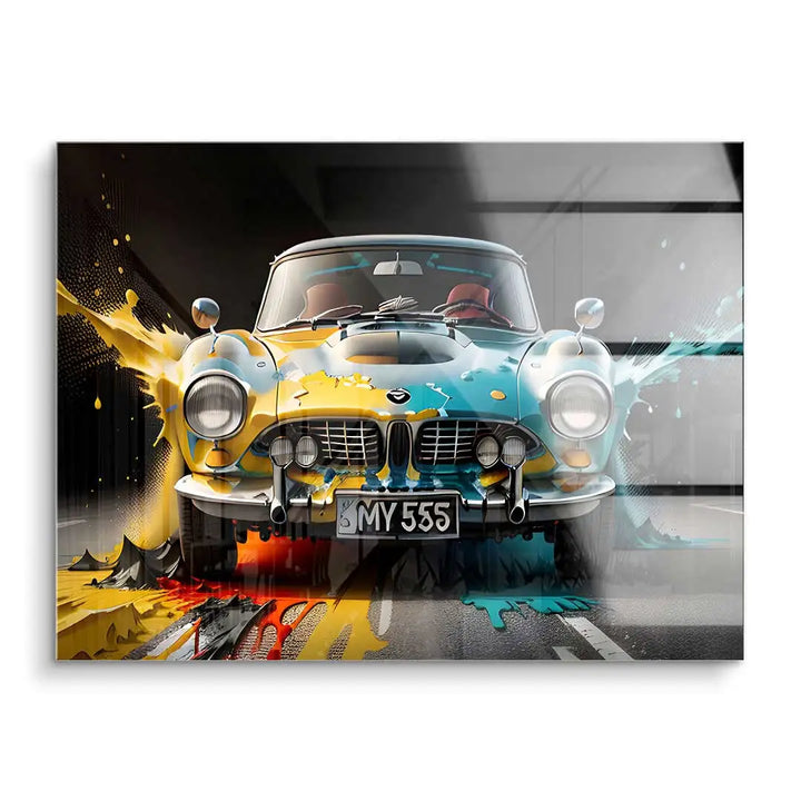 Wandbild mit BMW Oldtimer, bunte Farbspritzer, modernes Garagen-Design, Acrylkunst