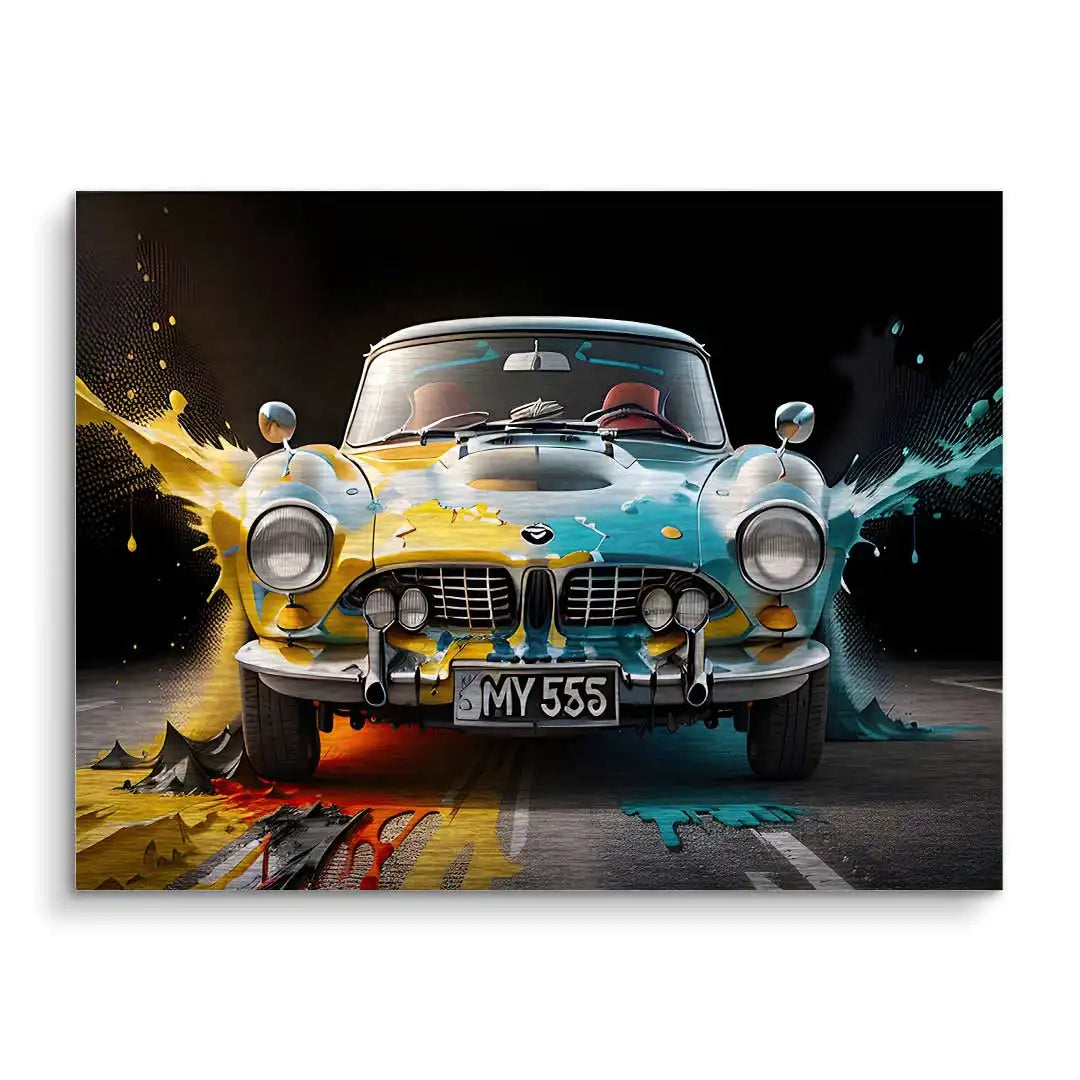 Modernes Wandbild mit BMW Oldtimer, bunte Farbkleckse, Kunst auf Leinwand, Auto Art