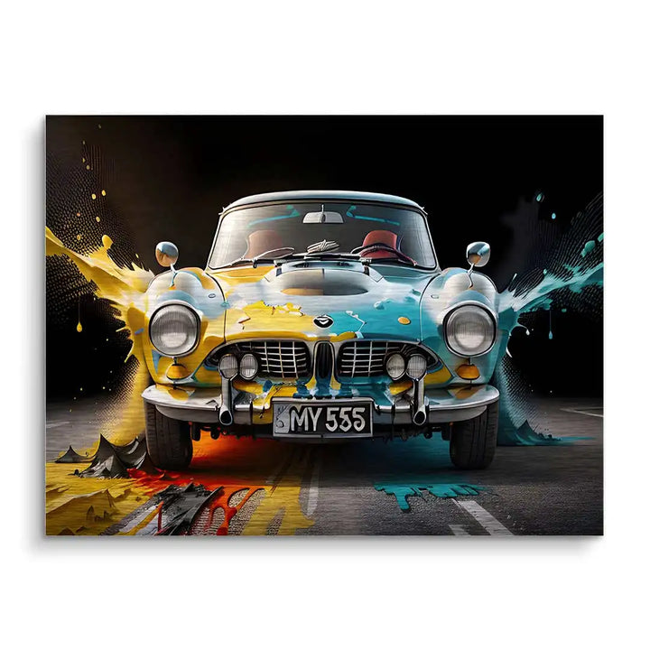 Modernes Wandbild mit BMW Oldtimer, bunte Farbkleckse, Kunst auf Leinwand, Auto Art