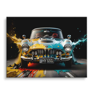 Wandbild mit klassischem BMW Auto und bunter Farbspritzer-Kunst auf dunklem Hintergrund