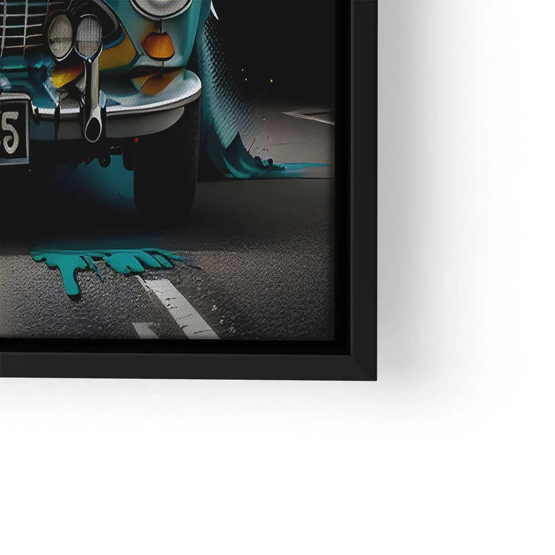 Wandbild mit klassischem BMW, künstlerisch gestaltet mit Farbspritzer-Effekt, Straßenmotiv