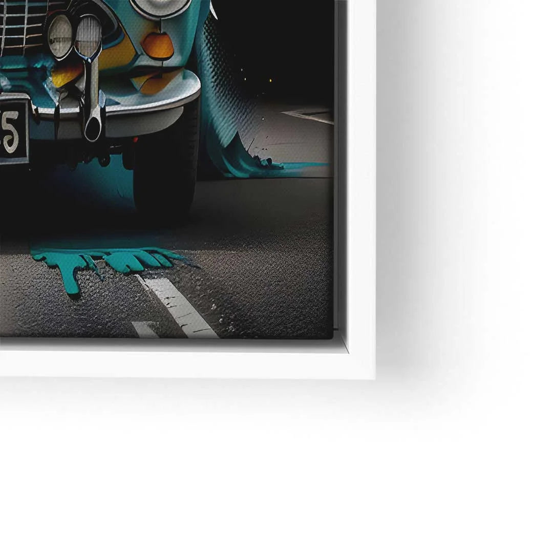 Wandbild mit klassischem BMW Oldtimer, bunte Kunst und Straße, modern gerahmt