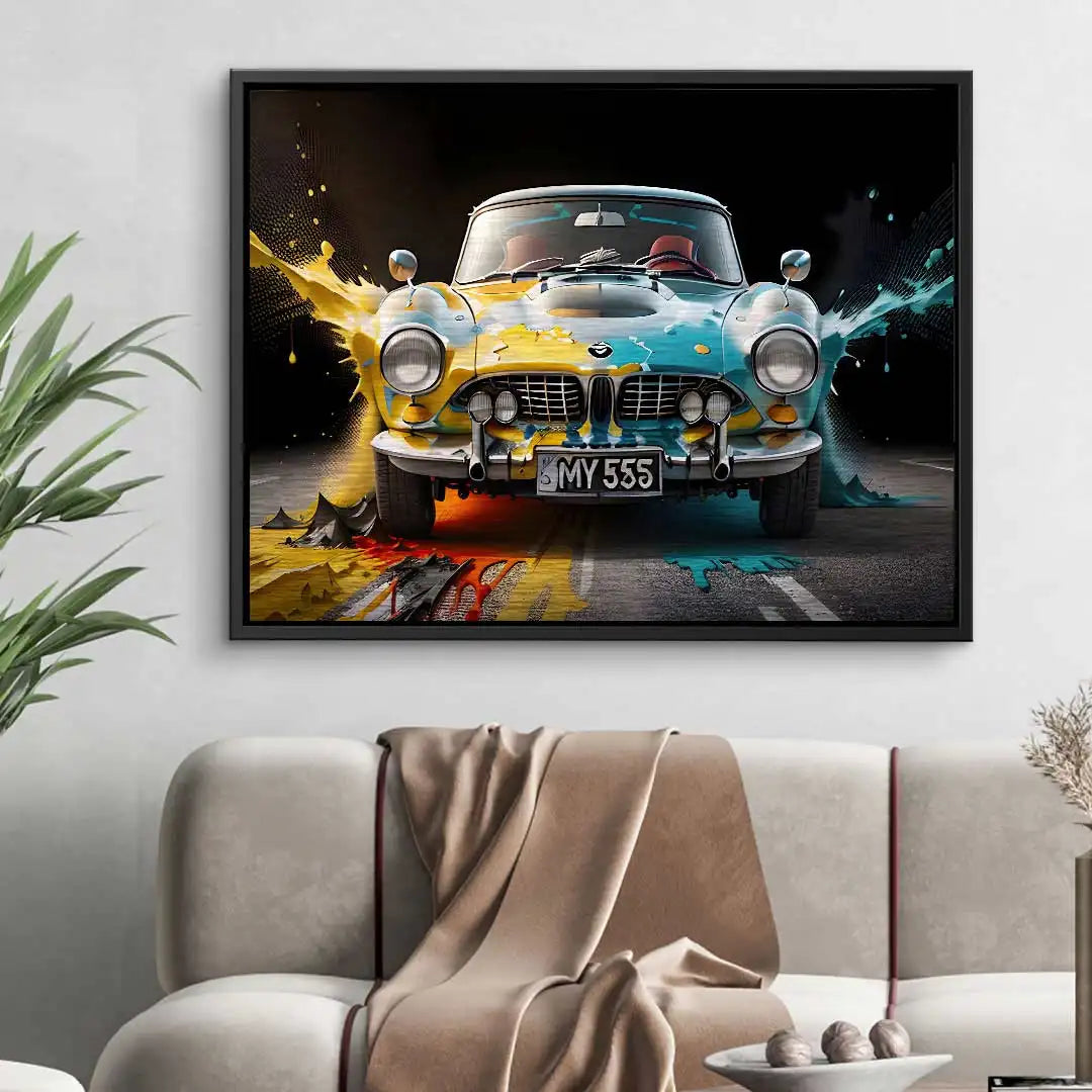 Wandbild mit klassischem BMW, bunte Farbspritzer, modernes Wohnzimmer, Auto Kunst