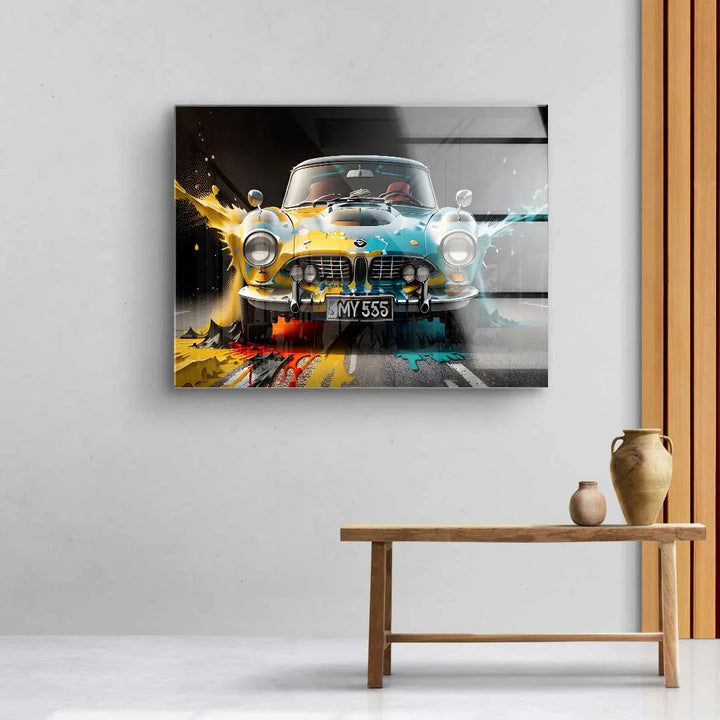 Modernes Wandbild mit klassischem BMW, farbenfrohe Kunst mit Spritzfarbeffekten im Wohnzimmer