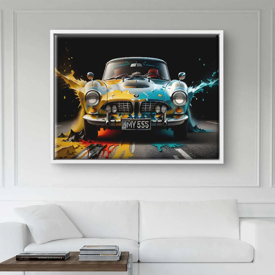 Wandbild mit klassischem BMW Auto im Pop Art Stil, bunte Farbspritzer, modernes Wohnzimmer