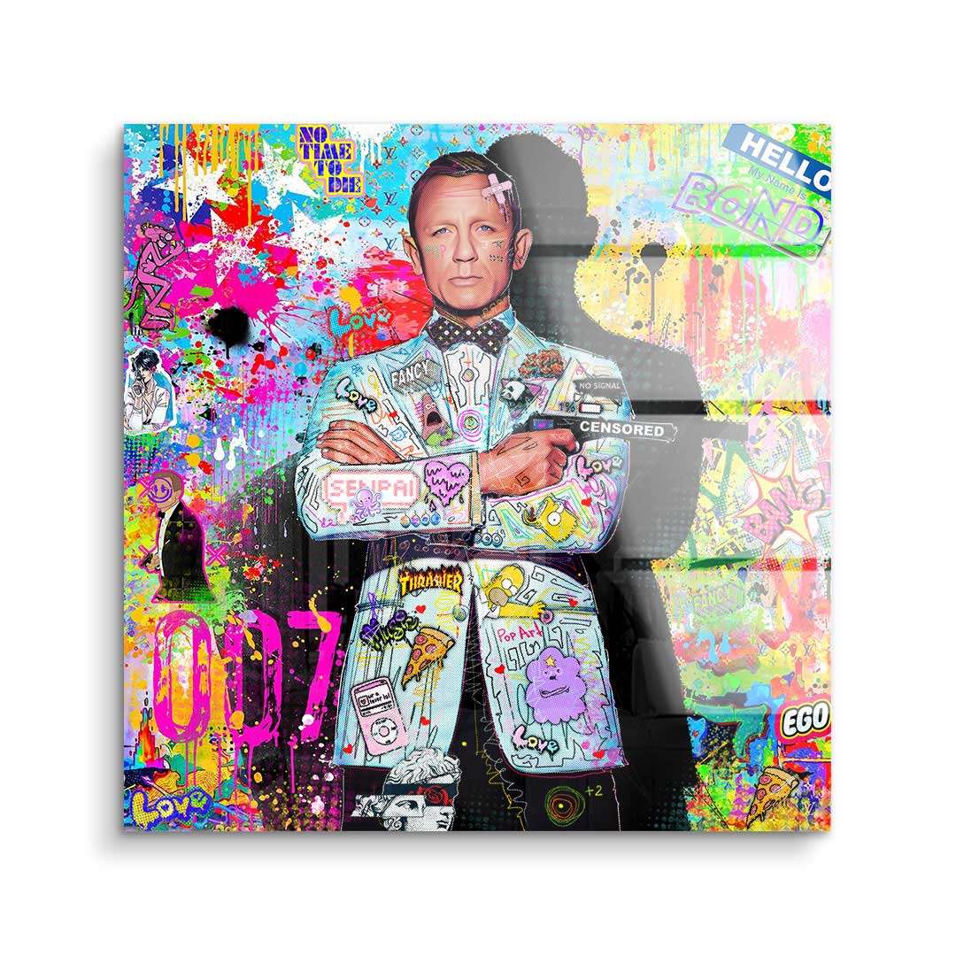 Buntes Wandbild im Pop Art Stil mit Agent im Anzug vor Graffiti und Comic-Elementen, 007-Motiv