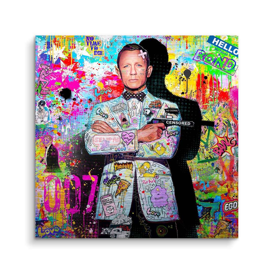 Modernes Pop Art Wandbild mit Anzugträger, buntem Graffiti und 007-Elementen.