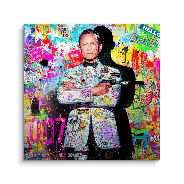 Modernes Pop Art Wandbild mit Anzugträger, buntem Graffiti und 007-Elementen.