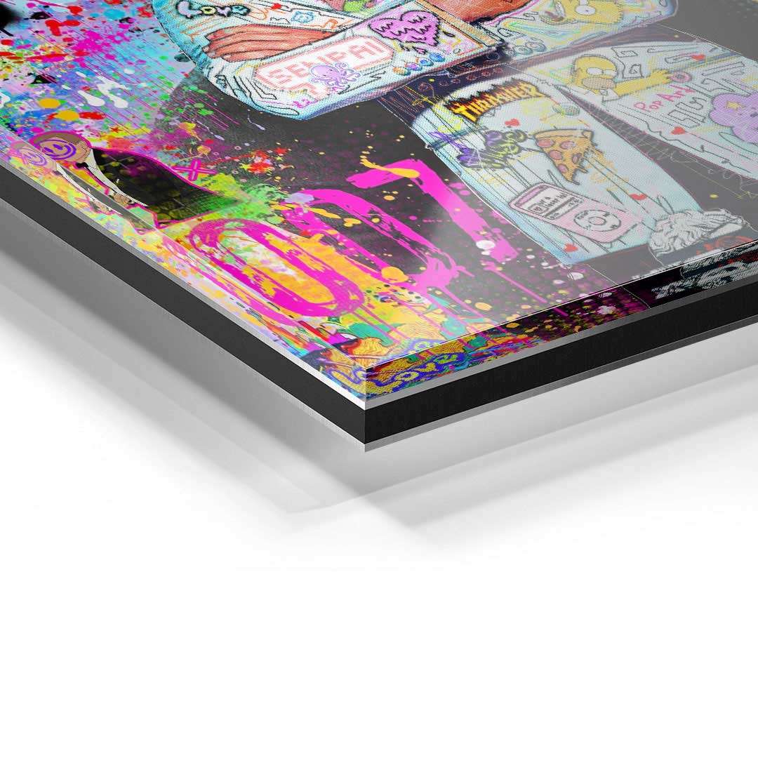 Detailansicht eines modernen, bunten Pop Art Wandbilds auf Acrylglas mit Graffiti-Elementen