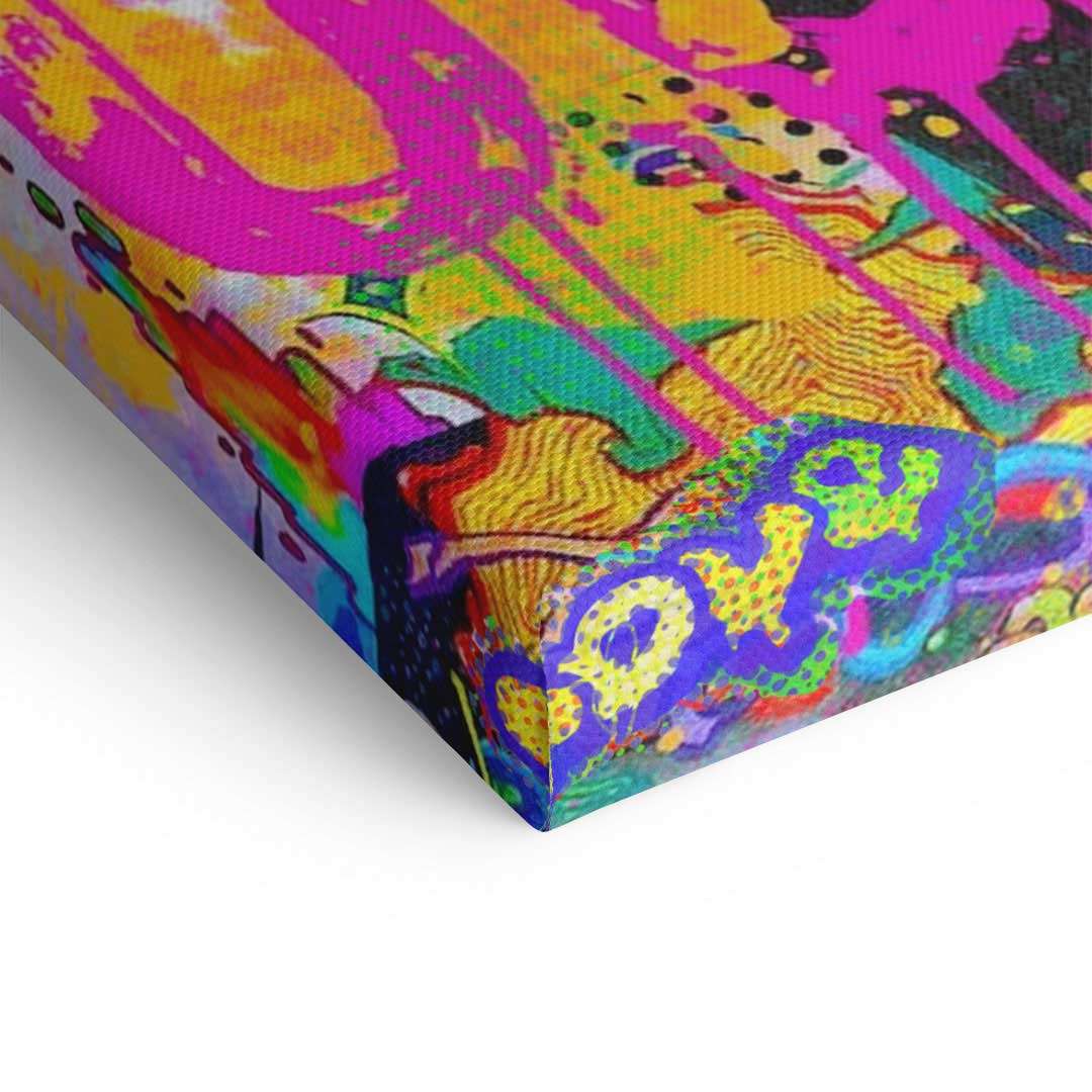 Detailaufnahme eines bunten, abstrakten Pop Art Wandbilds auf Leinwand, Motiv mit kräftigen Farben