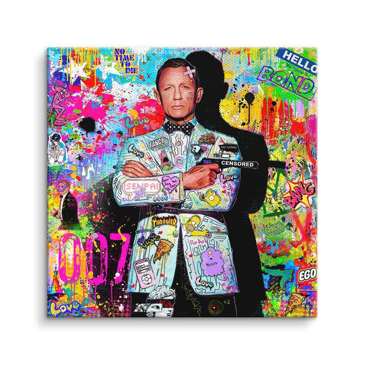 Pop Art Wandbild mit James Bond, bunter Graffiti-Hintergrund, moderne Kunst auf Leinwand