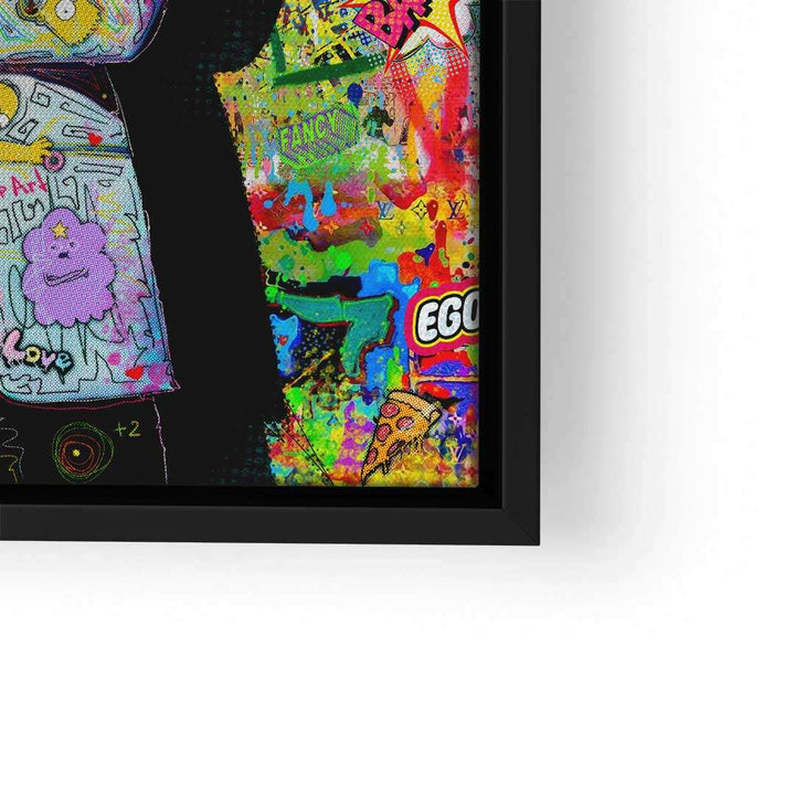 Buntes Wandbild im Pop Art Stil mit Graffiti-Elementen, Comic-Motiven und schwarzem Rahmen
