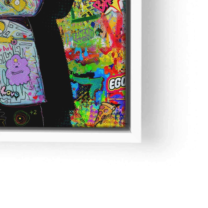 Buntes Wandbild im Pop Art Stil mit Graffiti-Elementen und abstrakten Mustern im weißen Rahmen