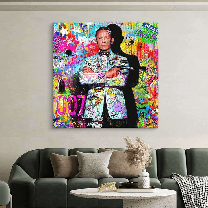 Modernes Wandbild im Pop Art Stil mit Agentenmotiv, bunt, Graffiti-Elemente, Wohnzimmerdeko