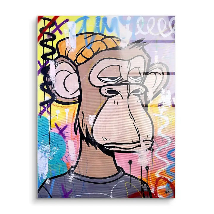 Modernes Wandbild mit gezeichnetem Affen im Comic-Stil auf buntem Graffiti-Hintergrund