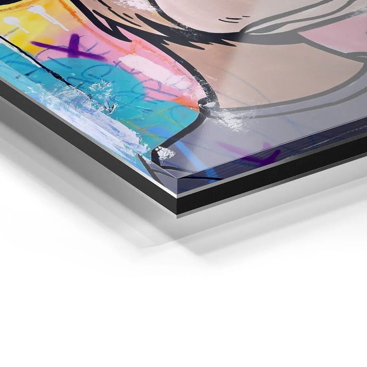 Detailaufnahme Acrylglas Wandbild mit bunter Pop Art Affen-Grafik und Graffiti-Elementen