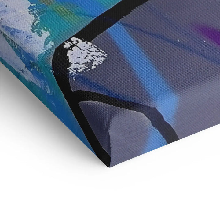 Detailaufnahme Leinwandbild mit abstrakter Comic-Kunst und blauen Farbakzenten