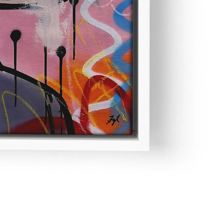 Modernes Wandbild mit abstrakten farbigen Linien, Spritzern und schwarzen Akzenten im weißen Rahmen