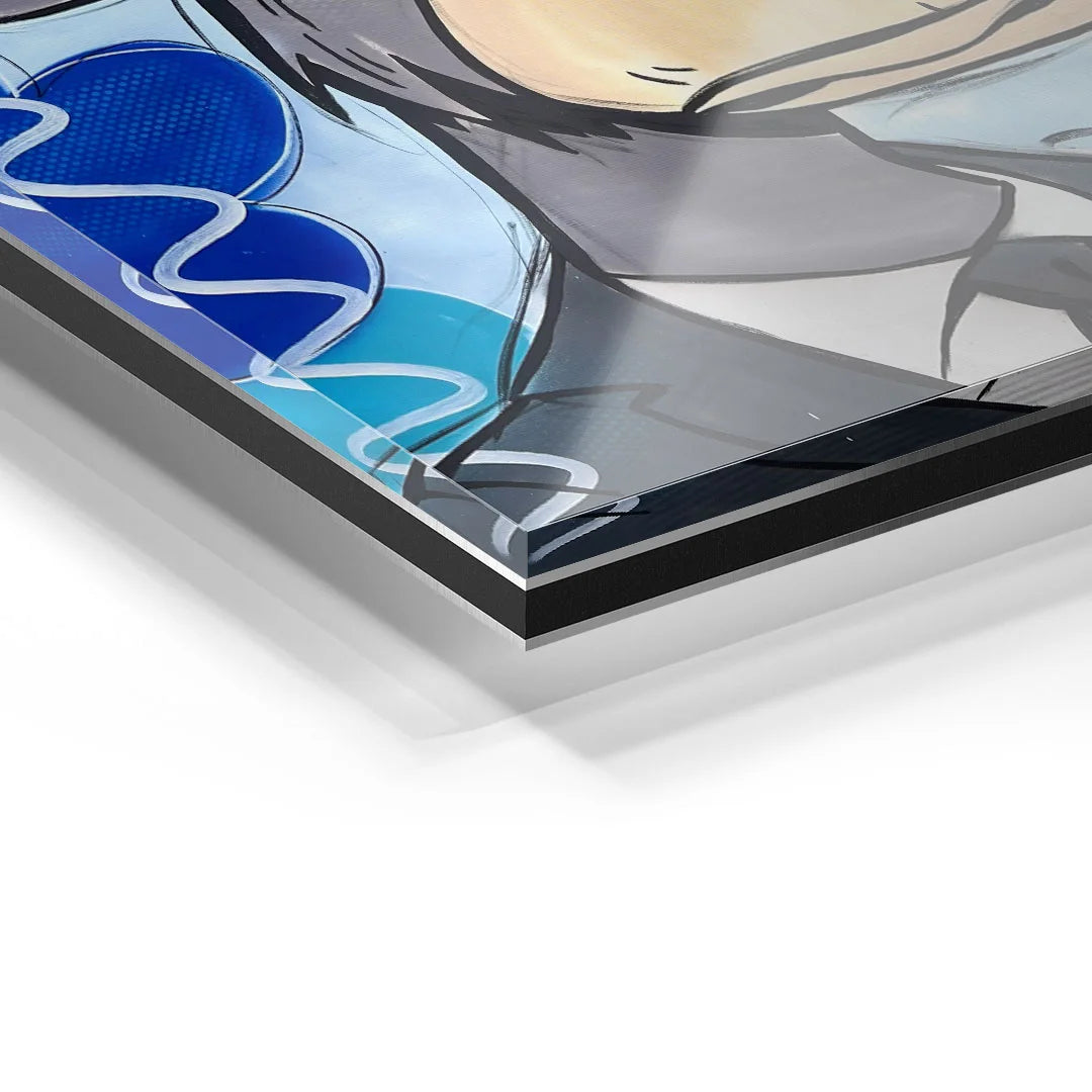 Detailansicht eines modernen, bunten Wandbilds auf Acrylglas mit blauen Akzenten