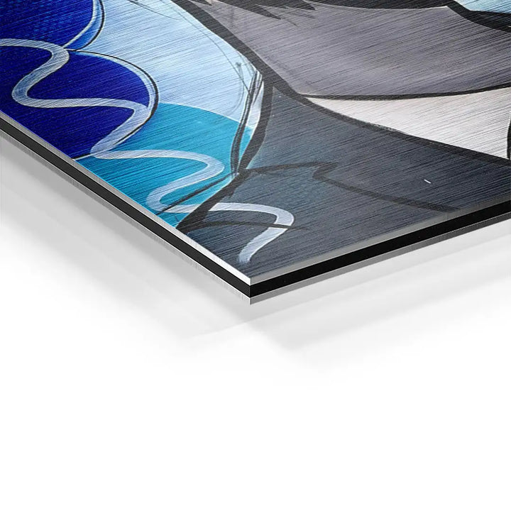 Nahaufnahme modernes Wandbild auf Aluminium mit abstrakter Kunst in Blau- und Grautönen