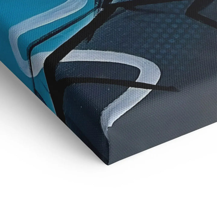 Detailaufnahme abstraktes Wandbild auf Leinwand mit blauen und schwarzen Linien