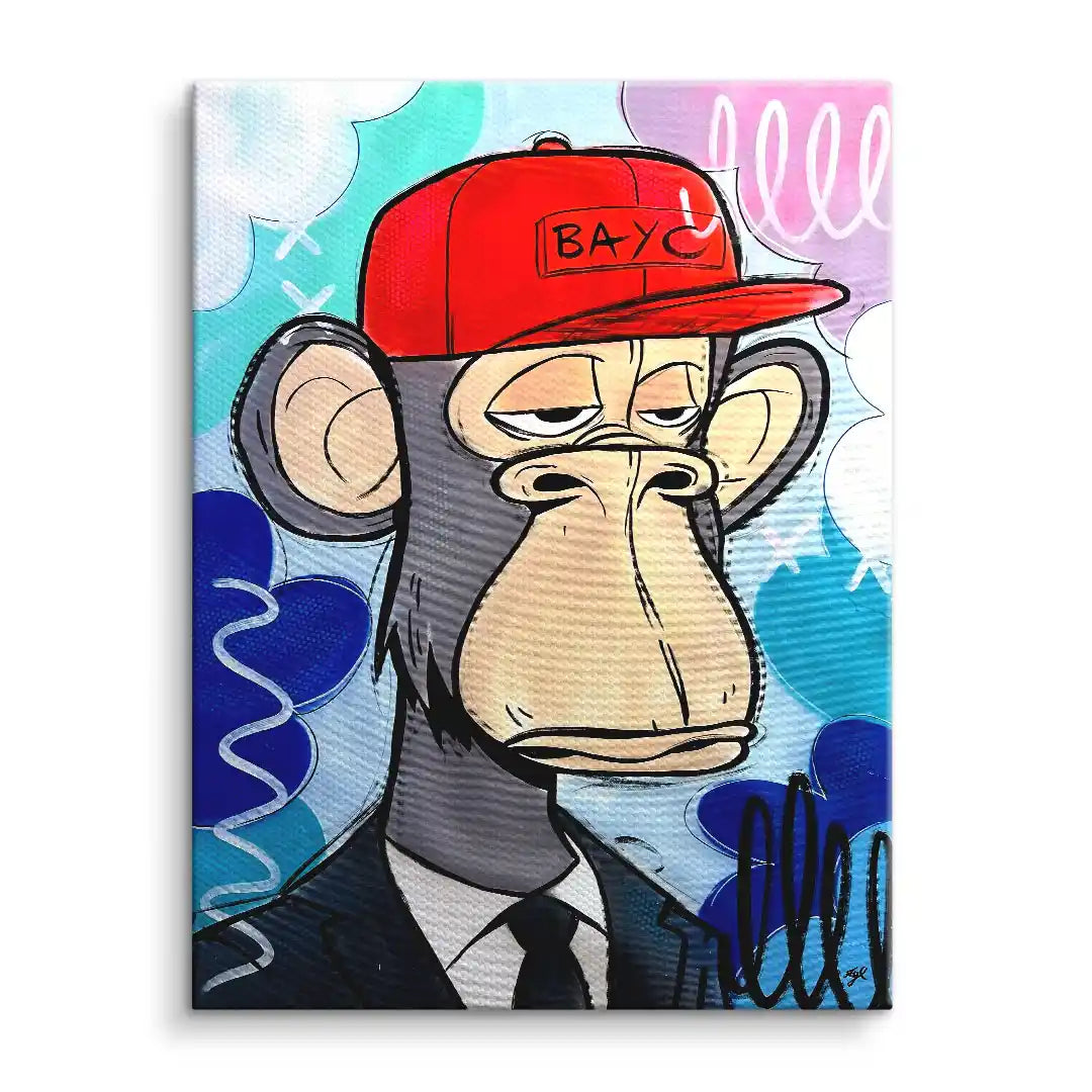 Wandbild im Pop Art Stil mit gelangweilter Comic-Affe in roter Kappe und Anzug, bunter Hintergrund