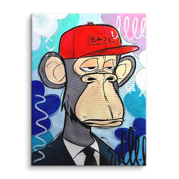 Wandbild im Pop Art Stil mit gelangweilter Comic-Affe in roter Kappe und Anzug, bunter Hintergrund