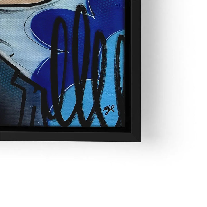 Detail eines modernen Pop Art Wandbilds auf Leinwand mit blauen und schwarzen Akzenten, schwarzer Rahmen