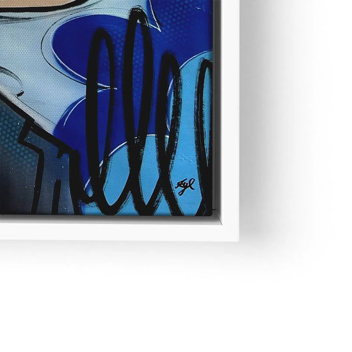 Modernes Wandbild im Pop Art Stil mit blauen Farbtönen und abstrakten Linien im Rahmen